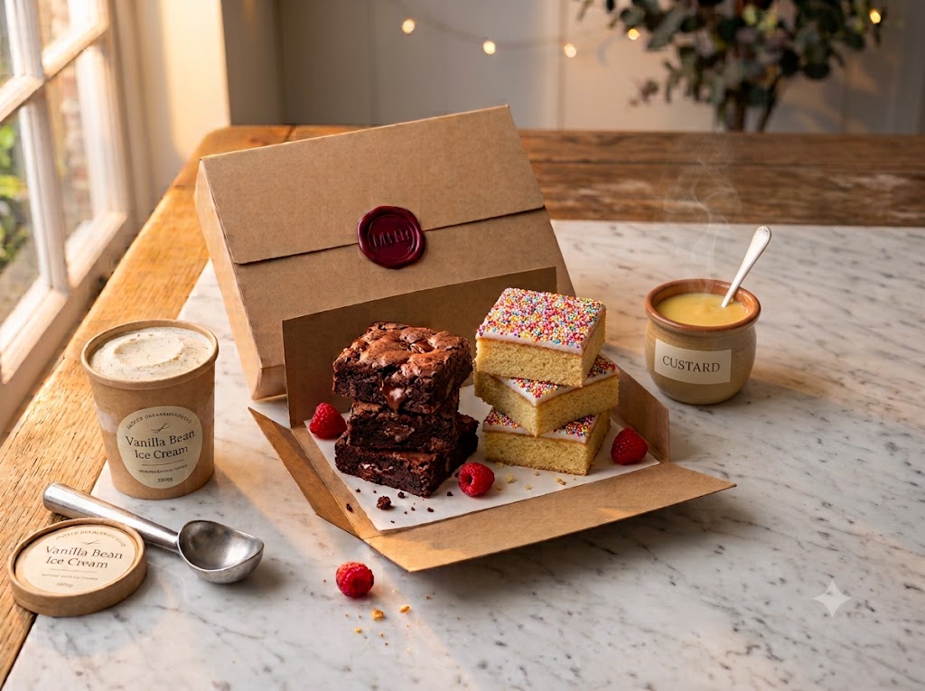 A boxed selection of brownies, sprinkle traybakes, custard and vanilla bean ice cream