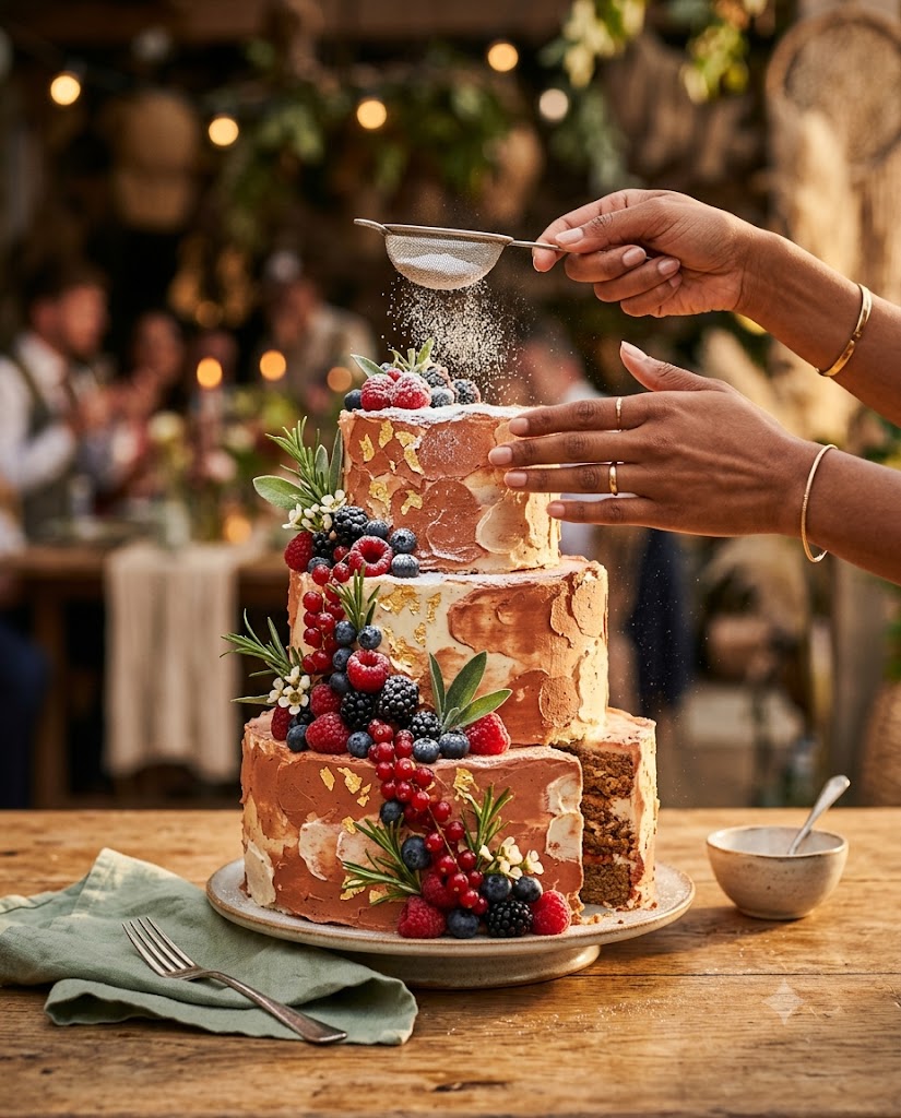 A tiered celebration cake being dusted with icing sugar, decorated with fresh berries and gold leaf